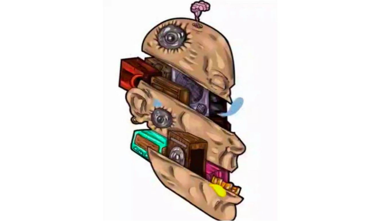 Imagen oficial del Festival. Una cabeza dividida en tres partes de manera horizontal  y llena de elementos para hacer música en vivo