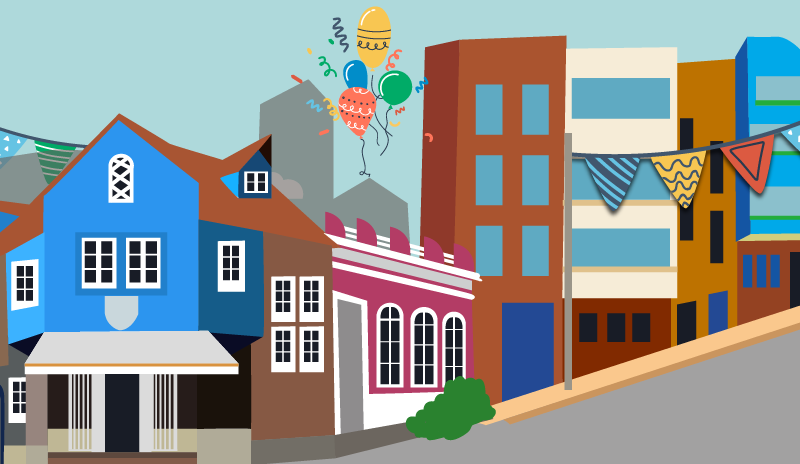 Ilustración de una calle del barrio de la Macarena. Cuenta con una casa color azul, seguida de tres edificios.