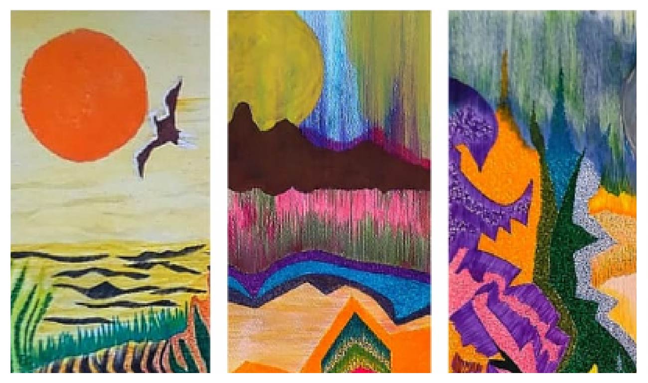 tríptico de paisajes coloridos colombianos. El primero, emula una un orilla del mar u océnao, el siguiente el paisaje montaños y el último el selvático. En todo hay formas geométricas que se combinan y entrelazan.