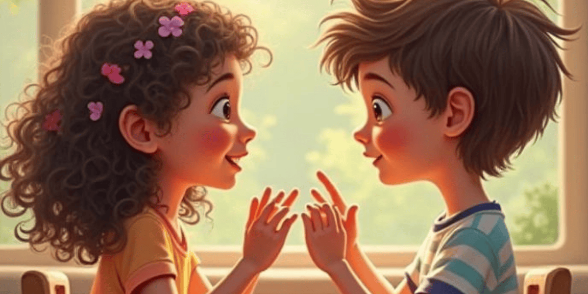 Ilustración de dos niños hablando en lenguaje de señas