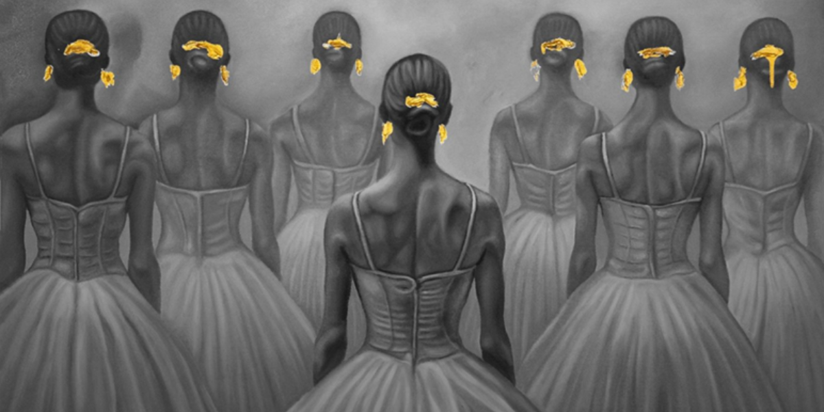 Pintura de Maria Esther Posssano de unas bailarinas de espaldas