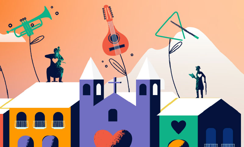 Ilustración de casas e instrumentos