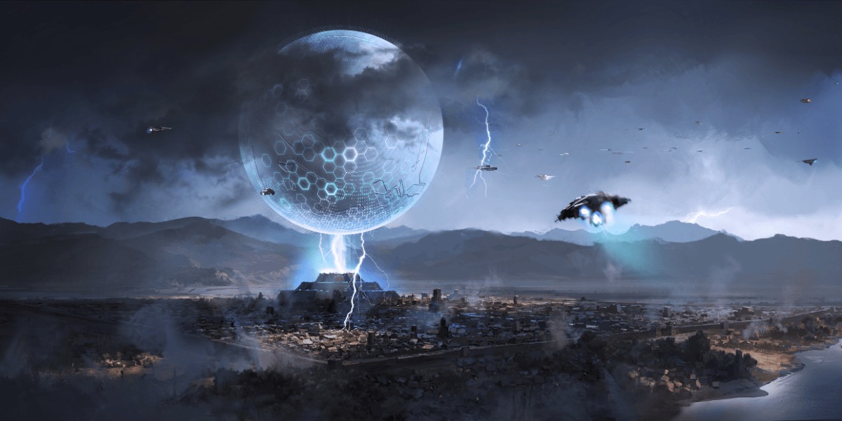 Imagen de un mundo futurista con naves espaciales.