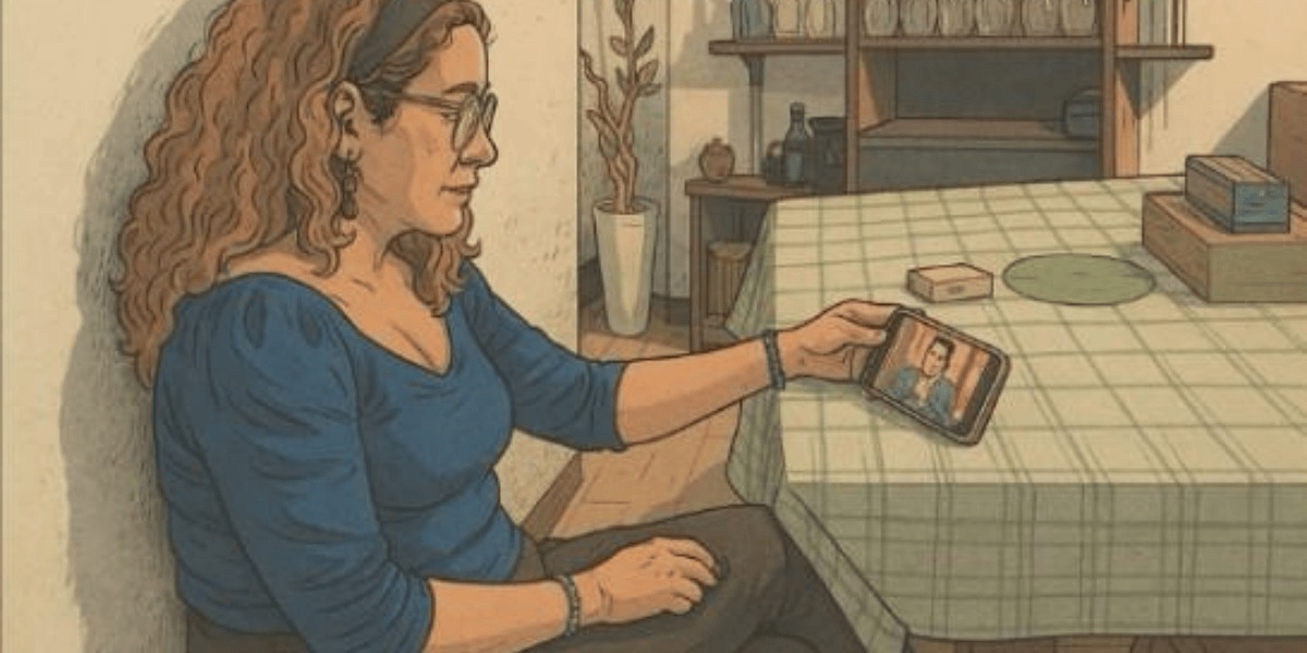 Mujer observando una pantalla de celular.