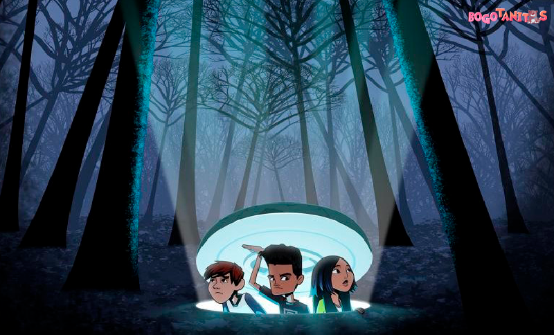 Ilustración de niños en un bosque en la noche