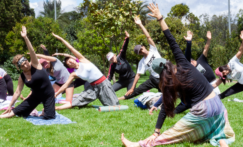 Personas haciendo yoga en un espacio al aire libre