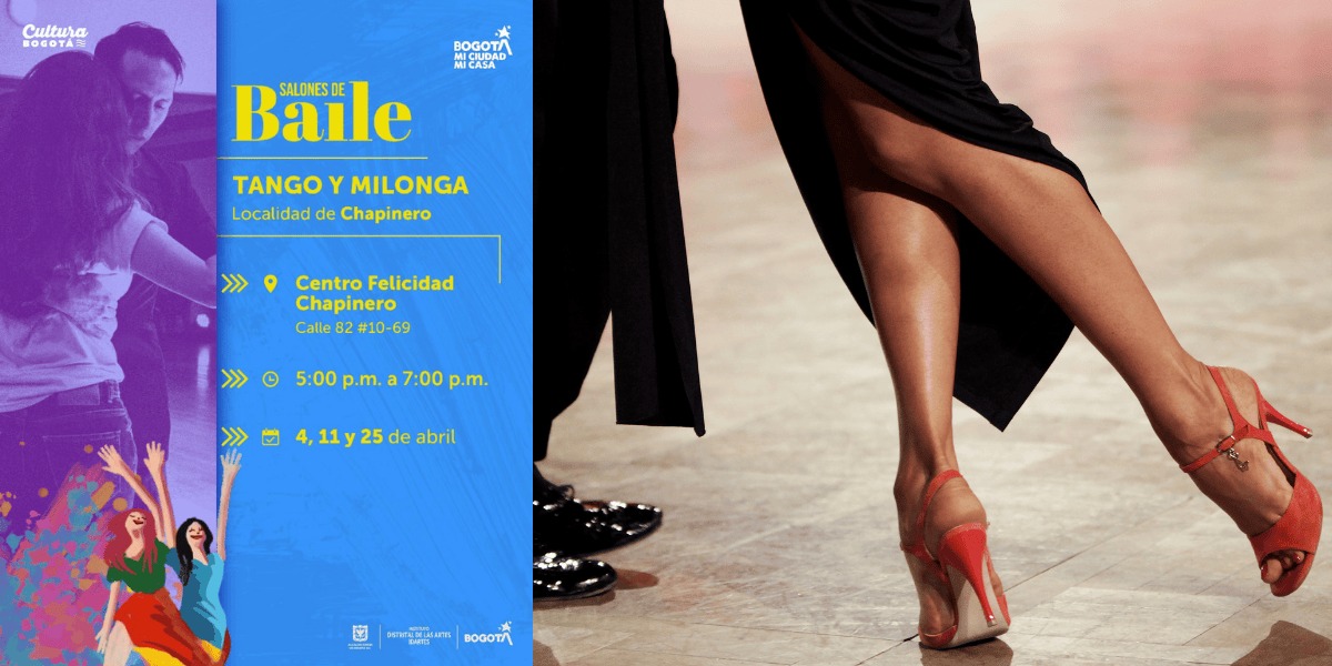 Imagen de afiche de salones de baile y foto de piernas tangueras.