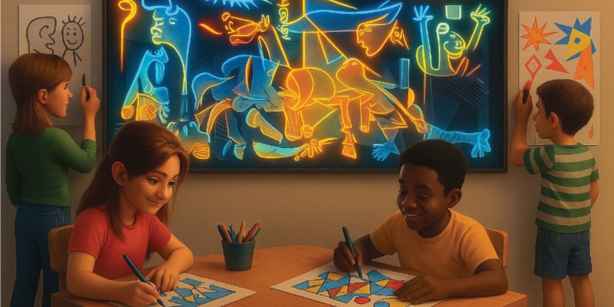 Niños dibujando el Guernica de Picasso.