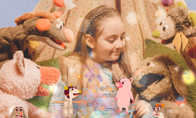 Niña rodeada por peluches