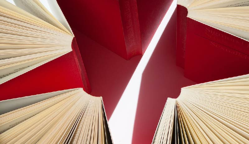 Cinco libros abiertos mirando hacia afuera, formando una especie de estrella. La pasta de todos los libros es de color rojo.