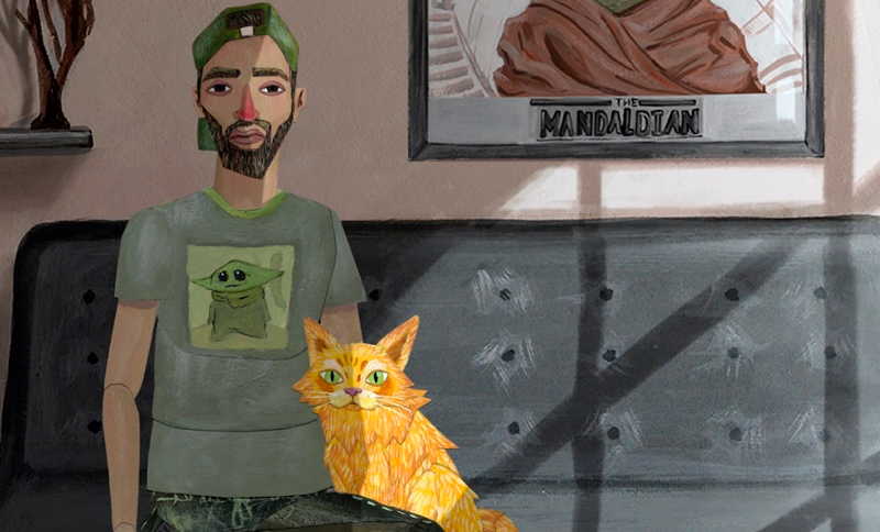 Ilustración de un joven y un gato en una sala
