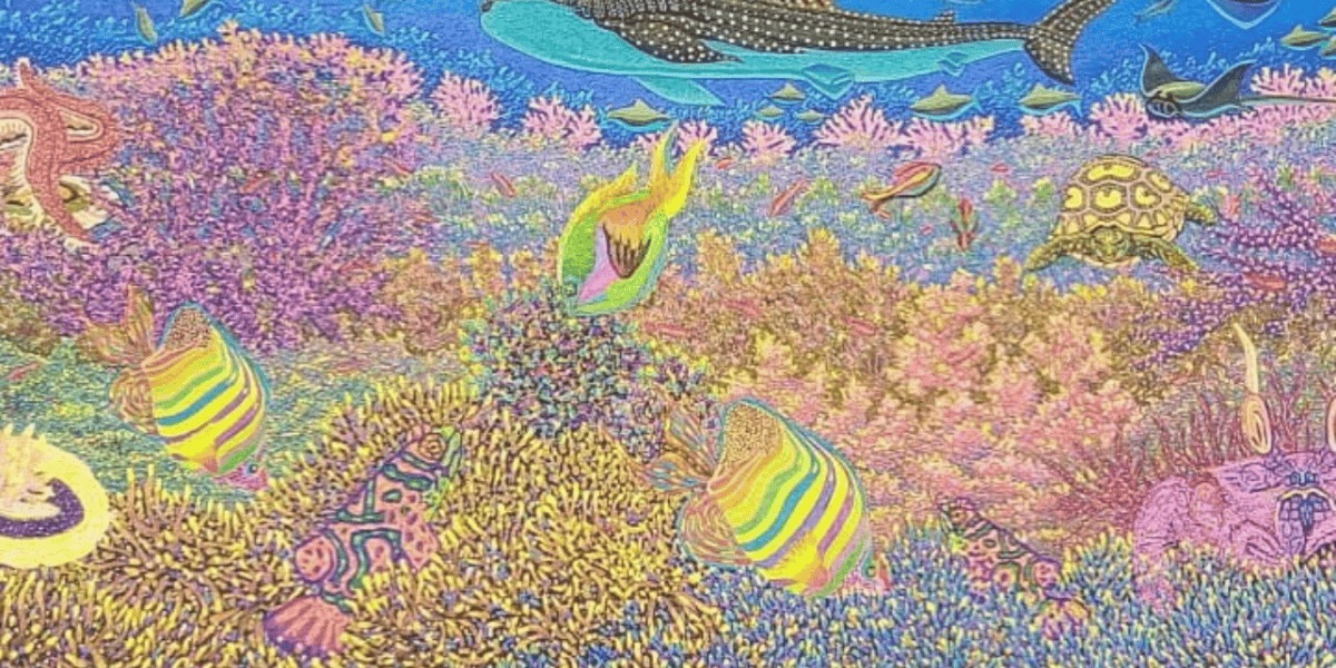Pintura con óleo de peces y corales. 