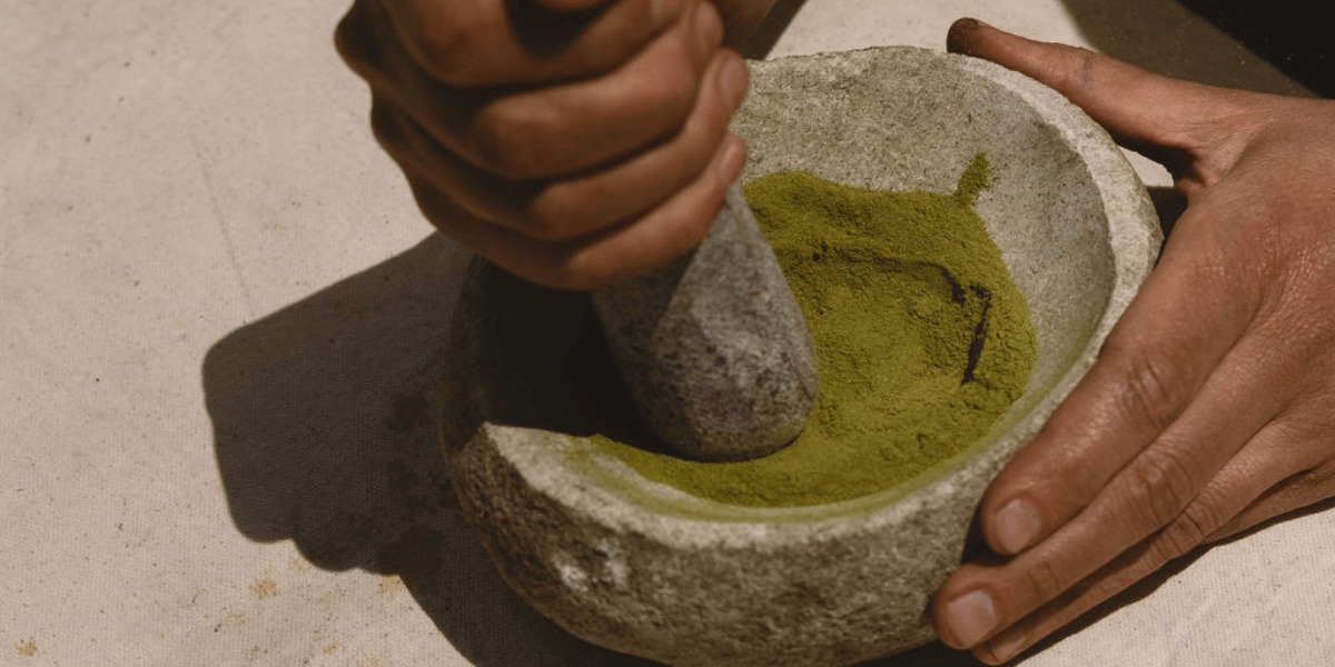 Mortero con molienda de hoja de coca.