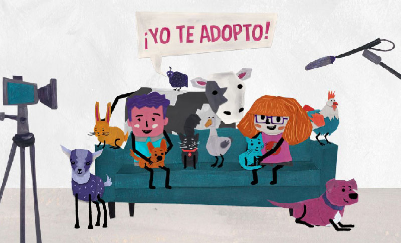 Ilustración de niñas, niños y animales en un sofá y alrededor de él
