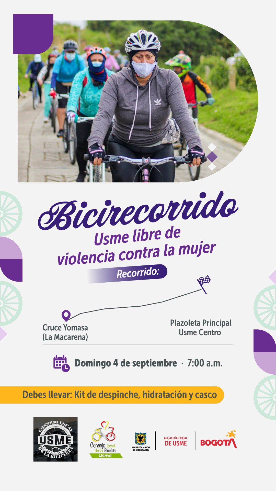 Flayer del evento. Cuenta en la parte superior con una foto de varias mujeres en bicicleta. La primera mujer cuenta con casco y saco gris ratón . Adicionalmente cuenta con el recorrido del evento e información del mismo. 