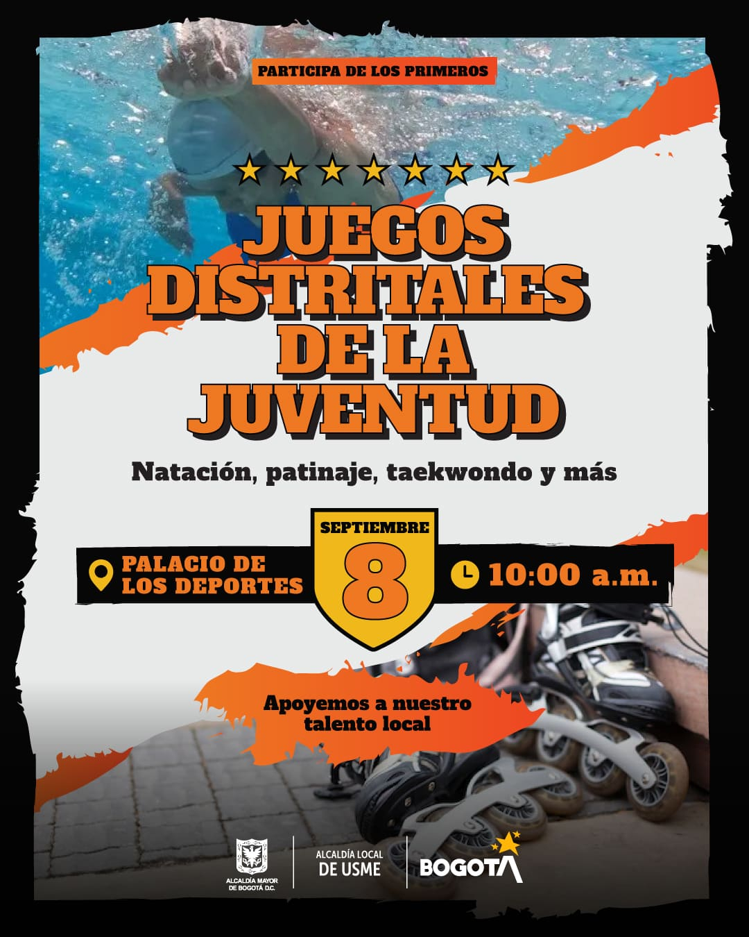 Flyer del evento. En la parte superior se ve la parte de una persona mujer jóven nadando y en la parte inferior unos patinen, en el centro dice la información del evento