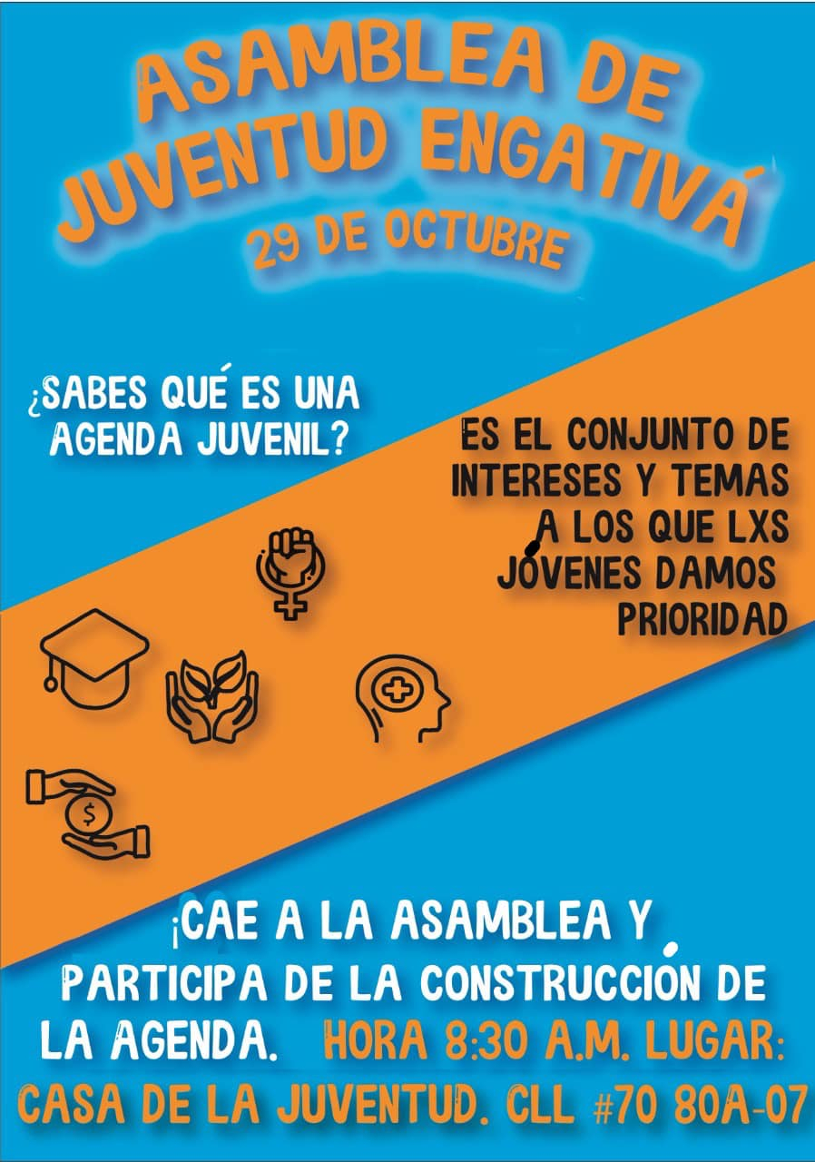Pieza del evento que cuenta con seis iconos al lado izquierdo de la pieza: economía, educación, ambiente, derechos y salud; y en el resto de la pieza con la información del evento. Cuenta con una frnaja diagonal-horizontal naranja sobre la que están los logos y el fondo es azul claro