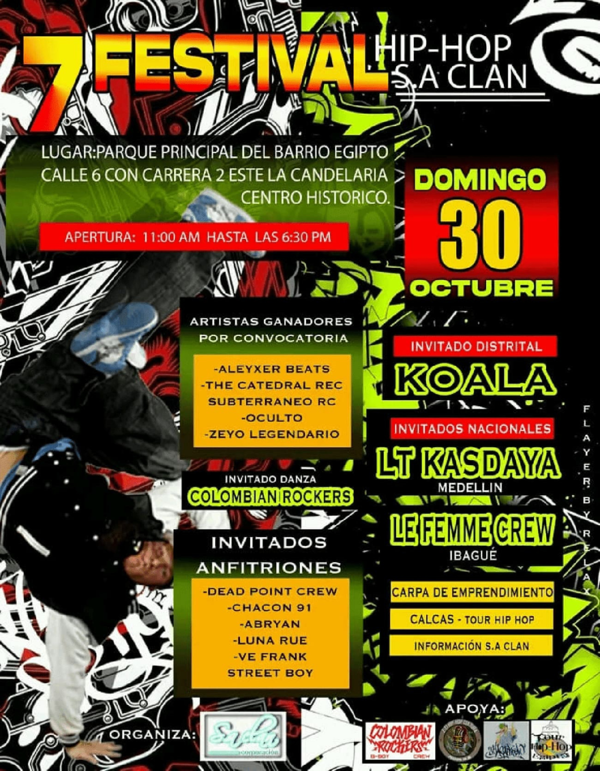 Cartel del evento cuenta en el fondo con un jóven haciendo una pirueta de Hip Hop