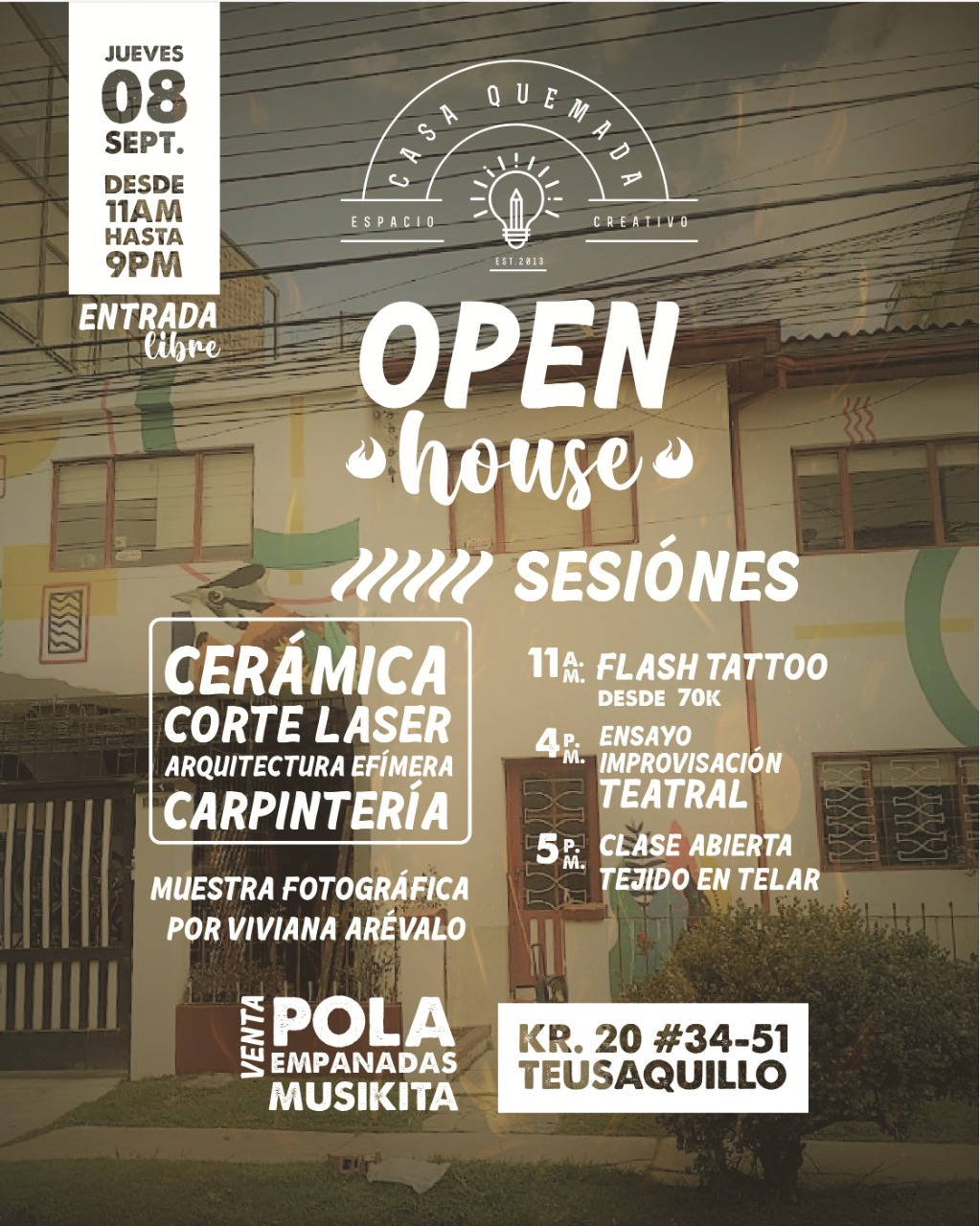 Pieza gráfica de programación que cuenta los detallers del eventos y cuenta con una foto de fondo de la casa