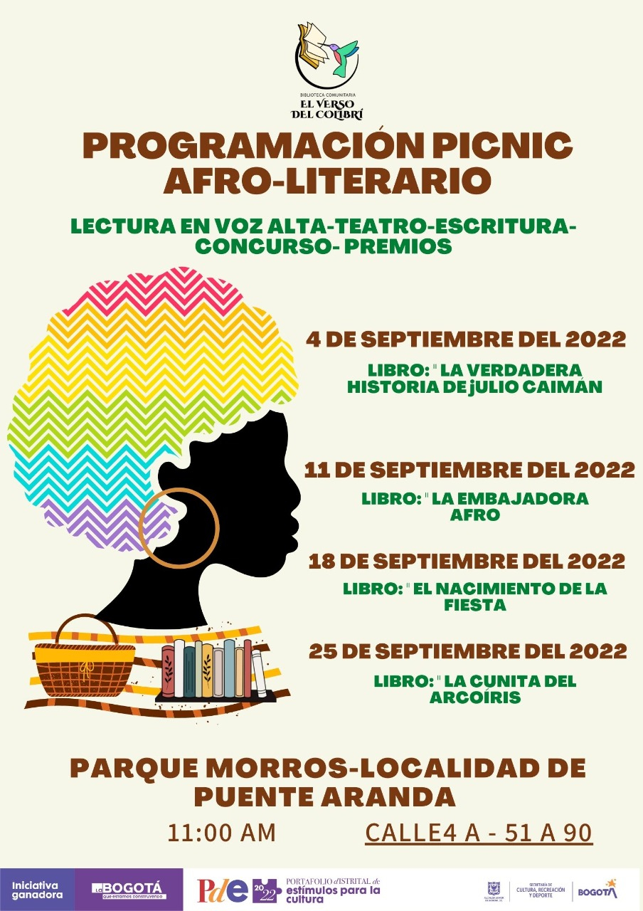 Flyer del evento. Cuenta con una ilustración de una mujer afrocolombiana cuyo cabello tiene varias tonalidades (rojo, naranja, amarillo, verde, azul y morado). El rosto se encuentra sobre un mantel ilustrado que tiene una canasta y varios libros organizados de manera vertical. Adicionalmente, la pieza cuenta con las programación del evento. 