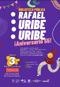 Imgen de invitación al aniversdario cuenta en la parte media inferior derecha con una ilustración de un muñeco de patas largas