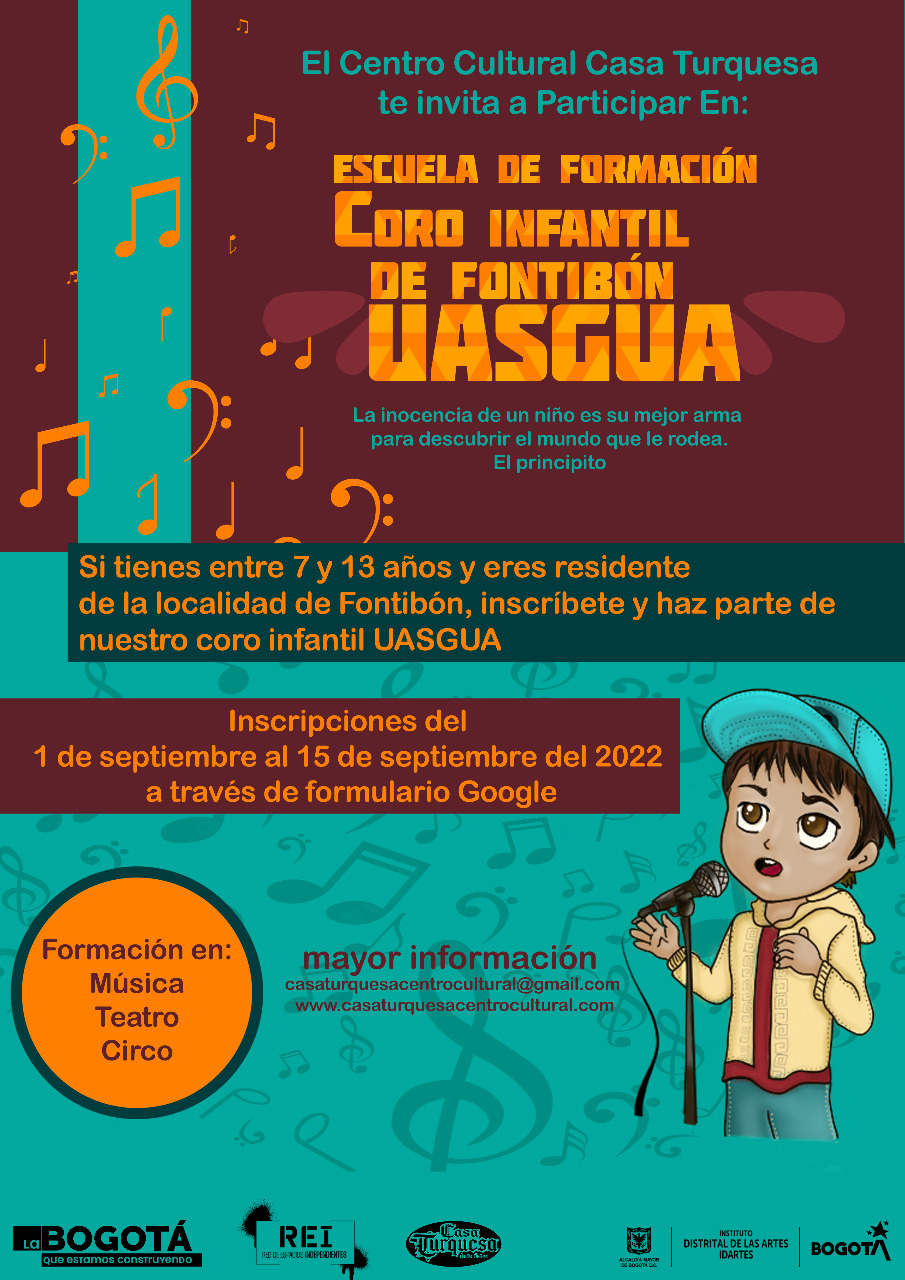 Flayer del evento con texto superior y una ilustración en la esquina derecha inferior de un niño cantante con jean, chaqueta amarilla, cabello negro y gorra azul