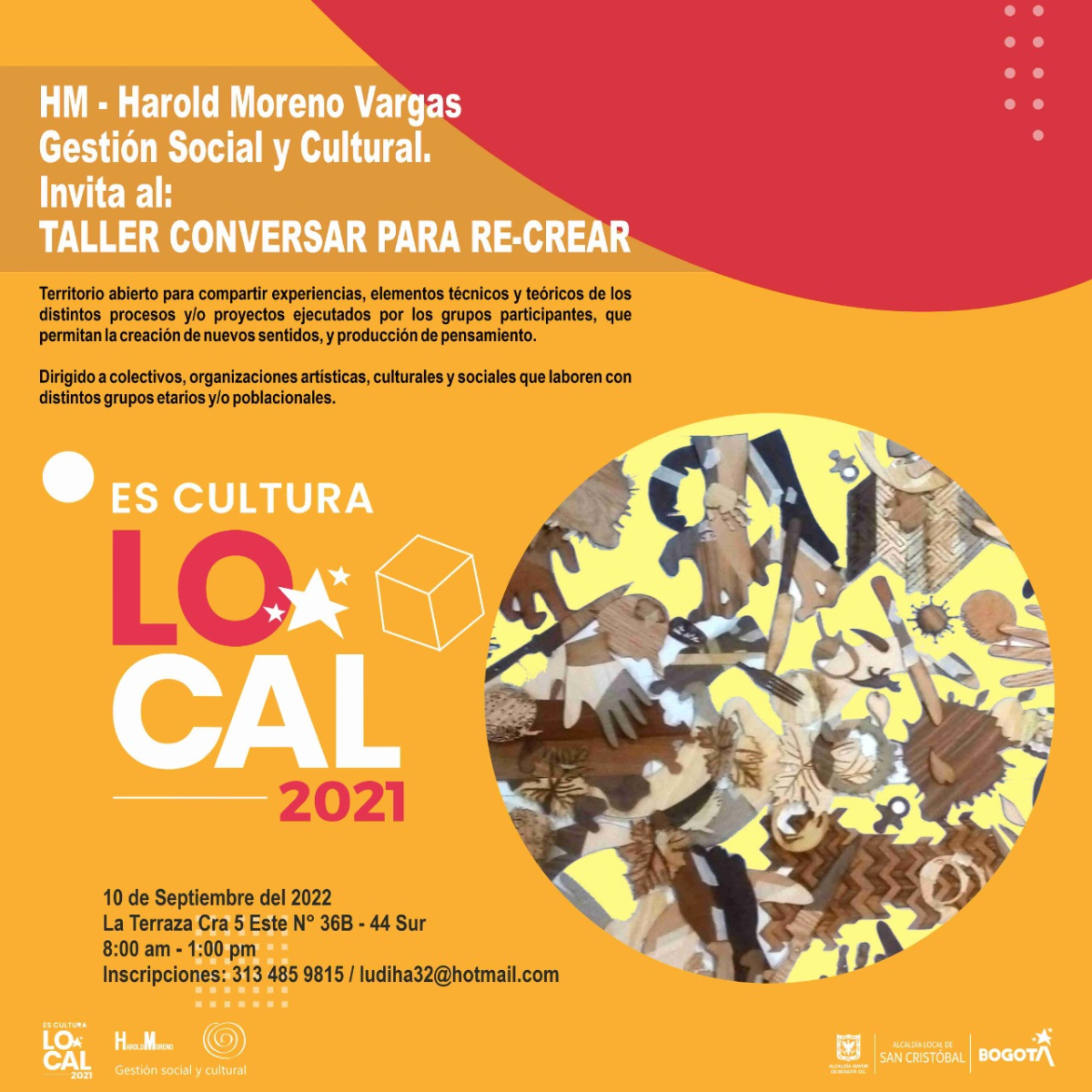 Flayer del evento. Contiene información, el logo de Es Cultura Local 2021 y la figura circular que contiene diferentes texturas y elementos 
