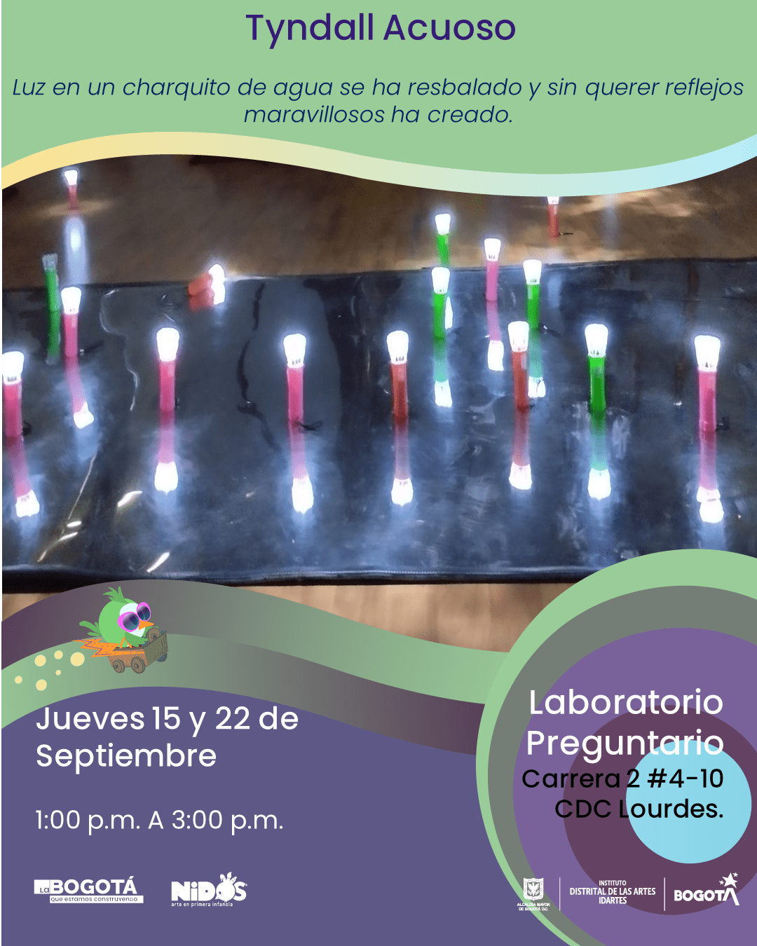 Flayer del evento. Fotografía de linternas sobre espejo, rodeada de la información del evento.