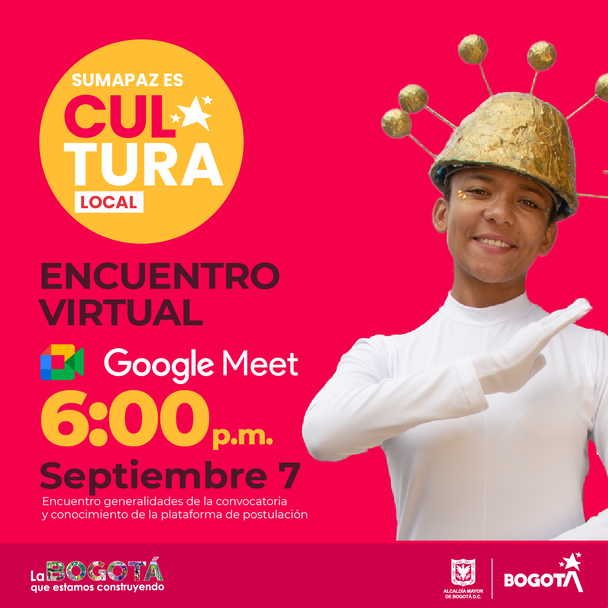 Pieza del evento. Cuenta con el logo del programa, un joven con un casco emulando un frailejón y los datos del evento.
