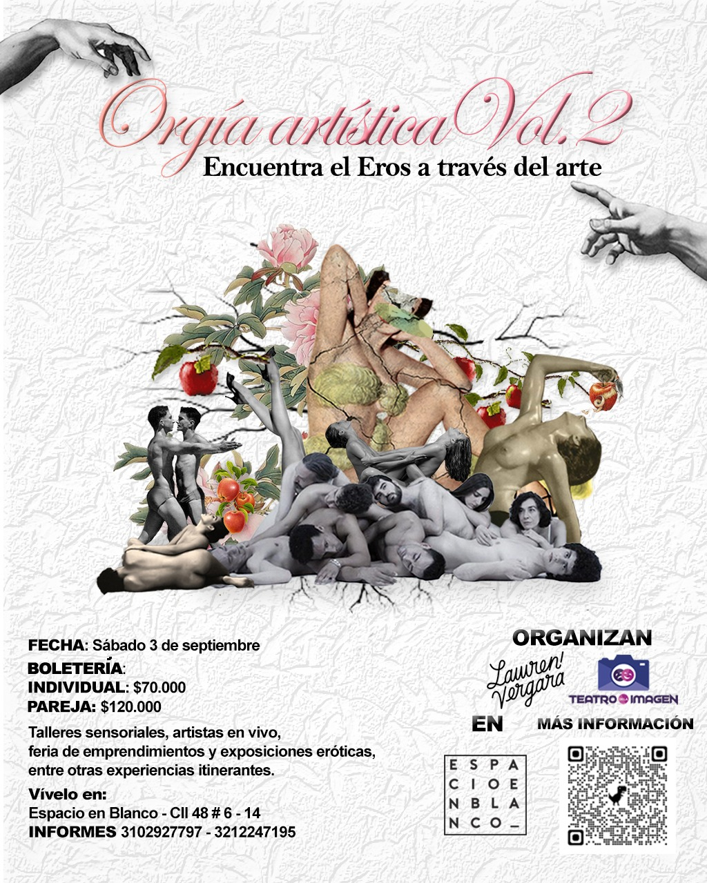 Colage de cuerpos en tonalidades tierra y blanco y negro entrelazados entre ellos y con elementos de la naturaleza. Flyer publicitario del evento. 