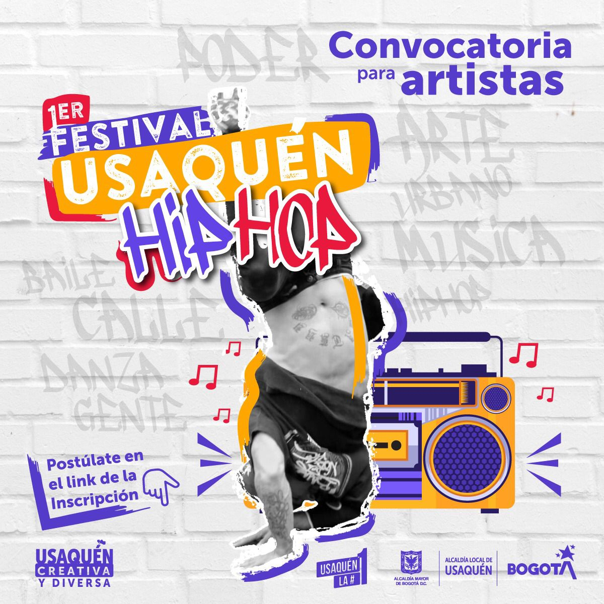Flyer del evento. Cuenta en el centro con un hombre. joven tatuado que no se le ve el rostro, en una figura de baile donde sus pies están elevados y su cara se encuentra en el piso alienados de manera verticual. De fondo hay una ilustración de una grabadora. 