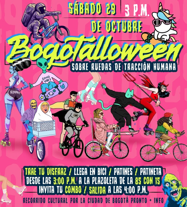 La pieza cuenta en el centro con ilustraciones de diferentes personas disfrazadas movilizándose sobre algún medio de transporte de tracción sobre ruedas e información del evento