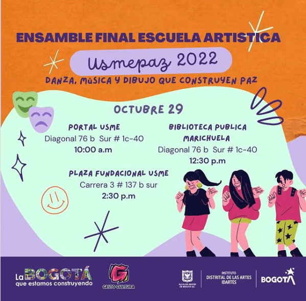 Pieza con información del evento y tres jóvenes ilustrados al lado derecho