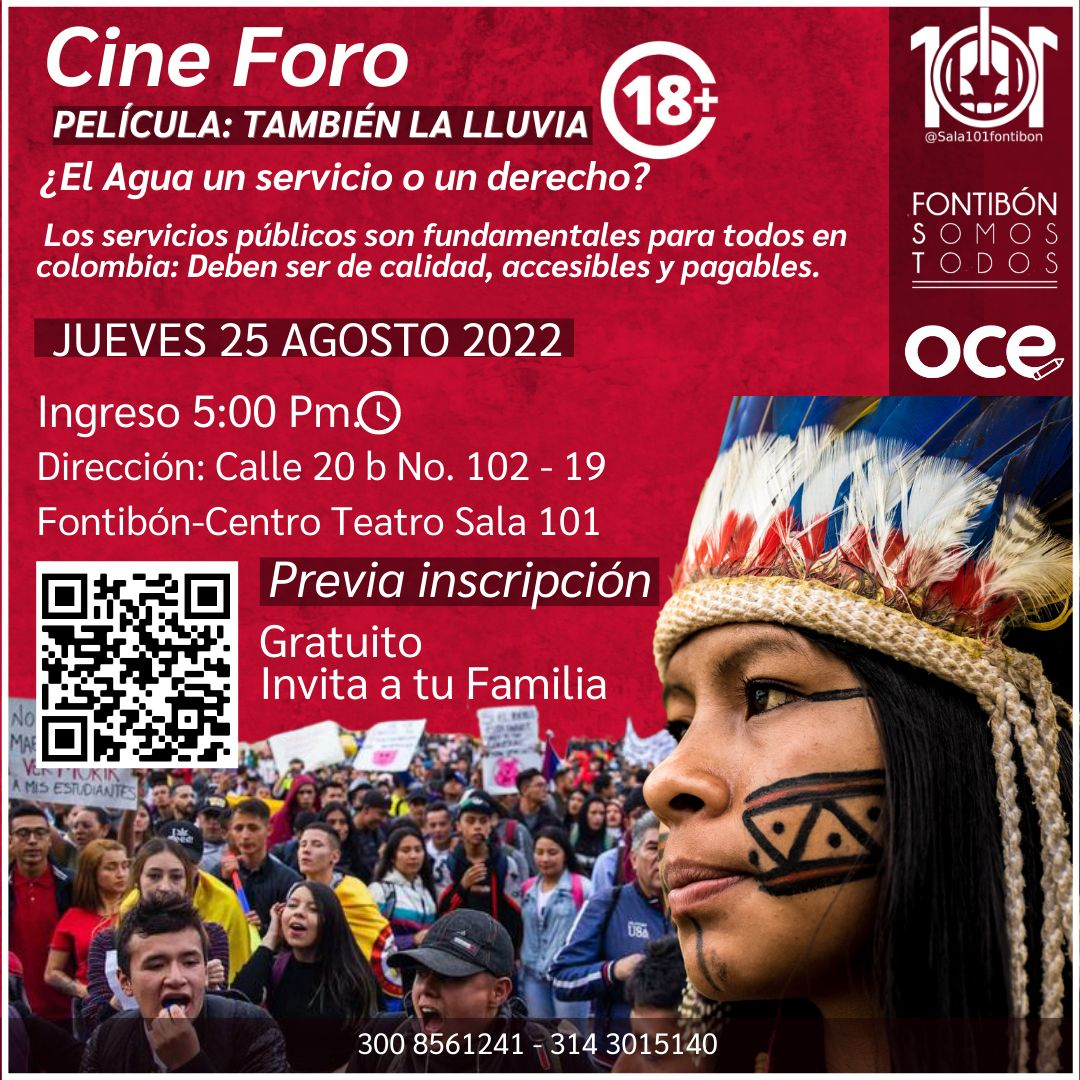 Flyer del evento. Cuenta en la esquina derecha con el restro de una mujer indígena con gráficos de su cultura en el rostro y una corona de plumas mirando fijamente. De fondo  inferior se muestra una manifestación con pancartas en donde la mayoría de participantes son jóvenes. La mayor parte de la pieza tiene el texto de información sobre el evento. 