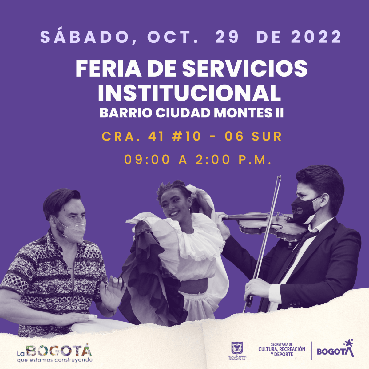 Tres culturales (de izquierda a derecha): un joven interpretando un tambor con camisa guayabera, una mujera joven con traje de cumbia y un hombre interpretando el violín. Los dos hombres tienen tapabocas. El resto de la pieza contiene la información del evento.