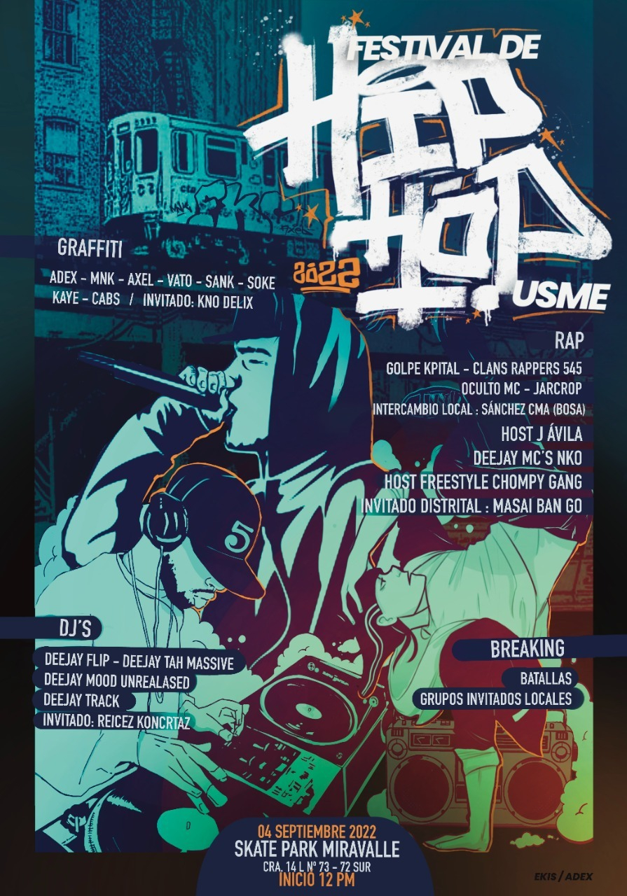 Cartel del evento. Cuenta en el fondo con unas ilustraciones de MC, DJ y Break Dance
