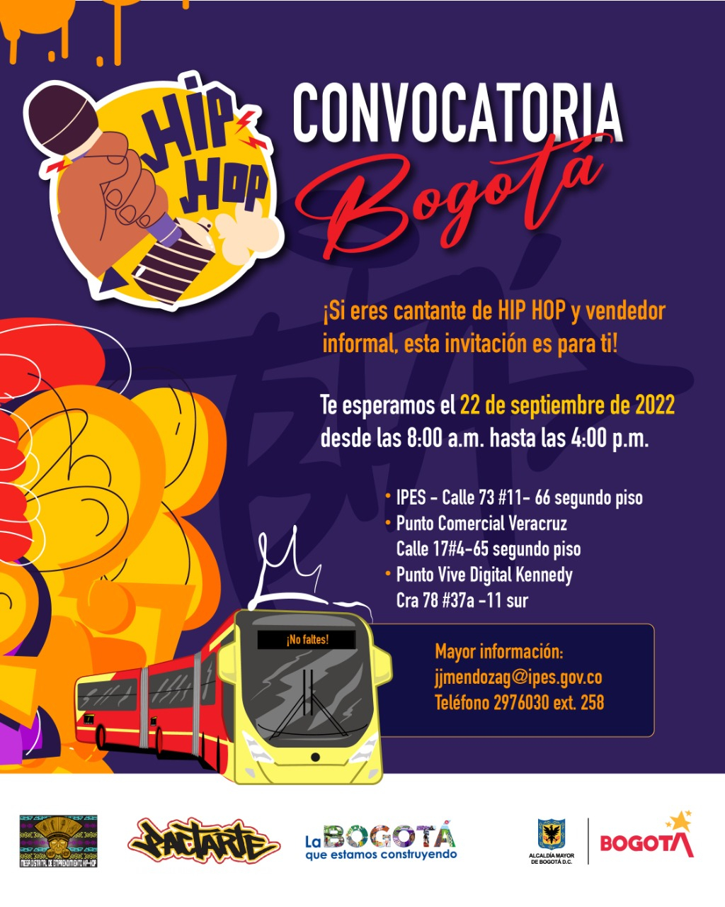 Flyer del evento. cuenta al lado izquierdo con una ilustración de un transmilenio en la parte inferior y en la superior, de un micróono que es sotenido por una mano afro con el texto HIP HOP