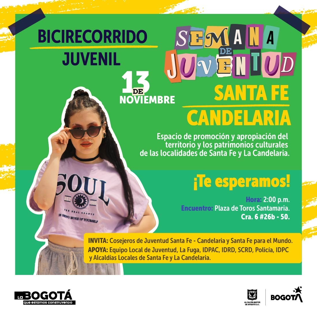 Pieza gráfica del evento cuenta con la imagen de una mujer joven con gafas negras y ropa deportiva al lado izquierdo e información textual textual en el resto de la pieza