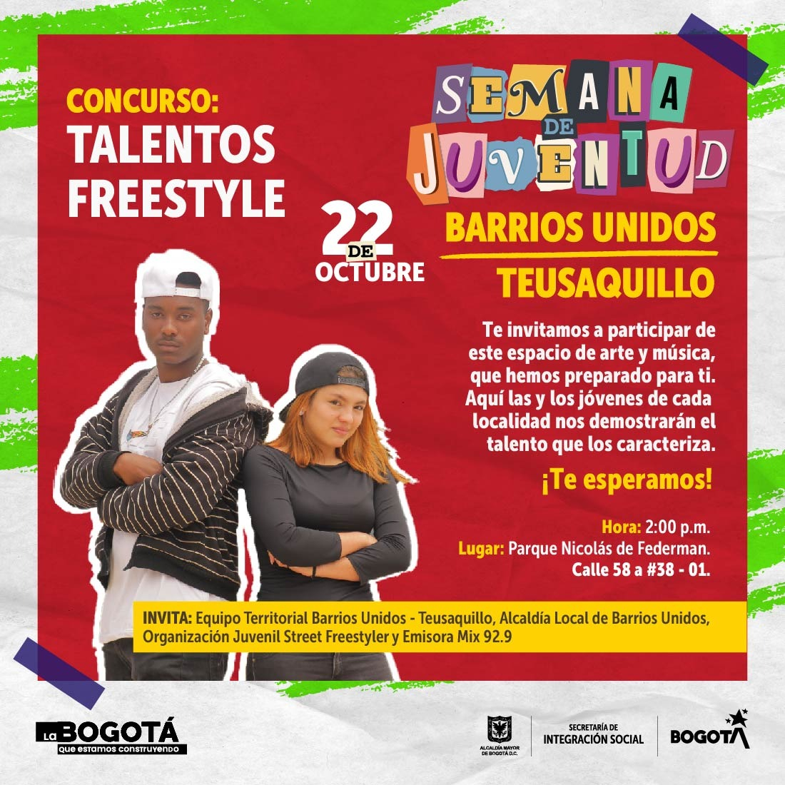 Flyer del evento. Cuenta con información del evento y las siluetas de dos jóvenes (hombre y mujer). Ambos con ropa có´moda y gorra.