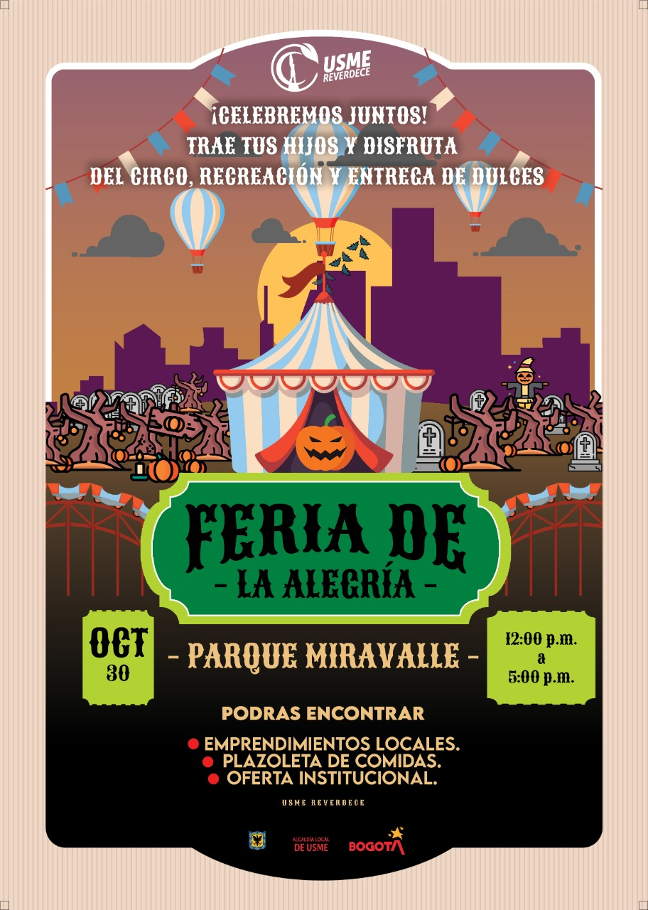 Flyer del evento, cuenta con la ilustración de una feria y la información del evento.