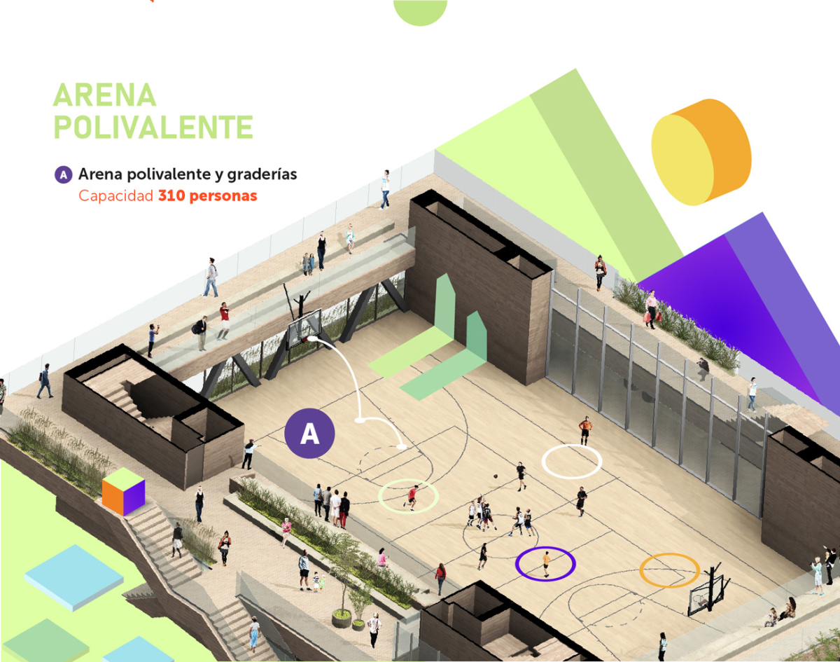 Arena polivalente: A. Arena polivalente y graderías. Capacidad 310 personas.