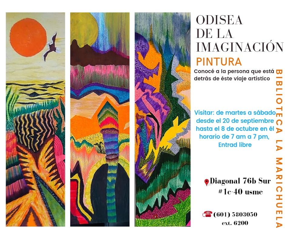 Flyer de la exposición. Tríptico de paisajes colombianos coloridos y geométicos iniciando de izquierda a derecha por el océano, las montalñas y la selva. Al costado derecho se cuenta con la información del evento.