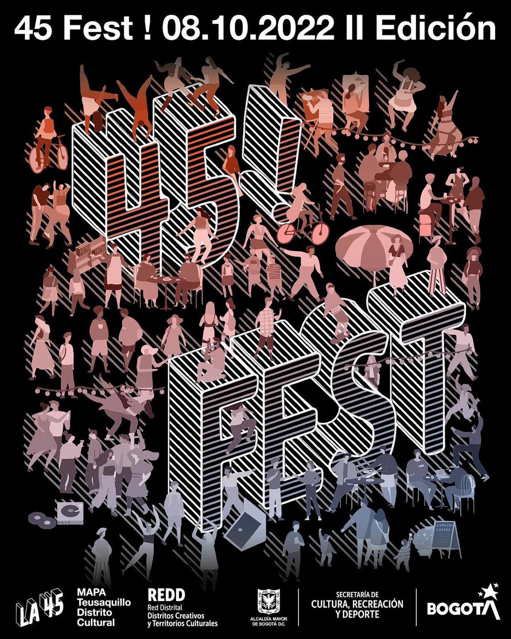 Afiche del evento. Cuenta con siluetas de personas alrededor del texto 45! FEST