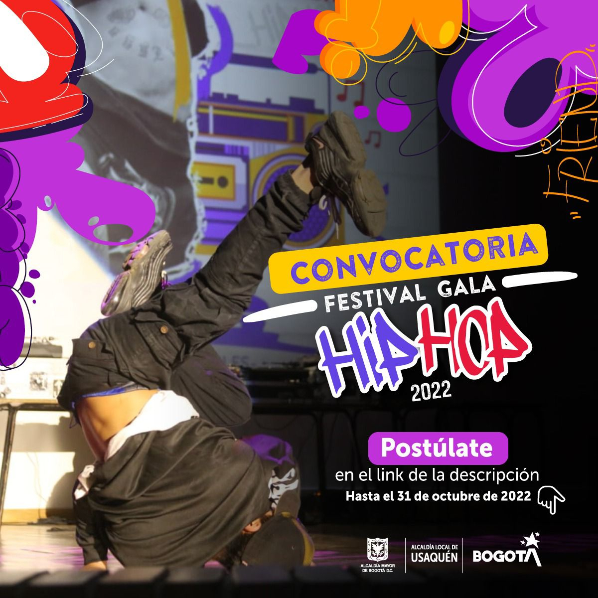 Pieza del evento. Cuenta con una fotografía de un joven de cabeza, haciendo una pirueta.