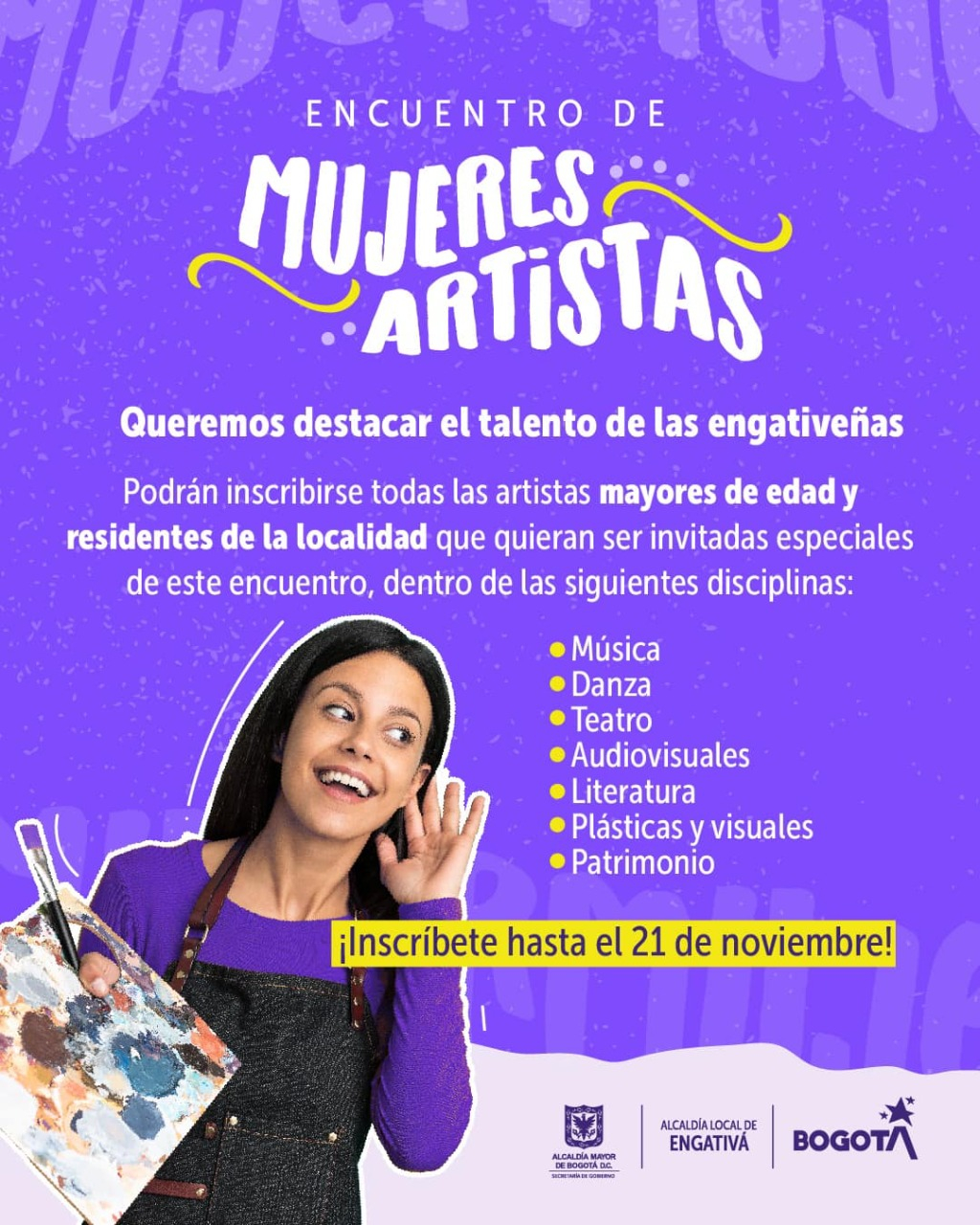 Pieza gráfica del evento. Cuena en la parte inferior de la pieza con una mujer joven con una paleta y briocha de pintura. Además, de tener una actitud de escucha.
