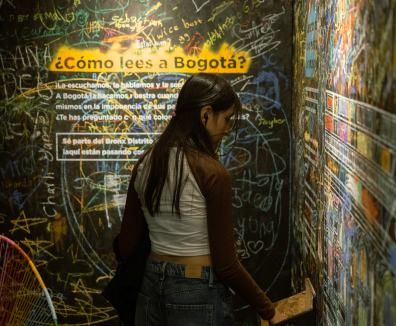 Mujer leyendo textos en una pared