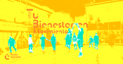 Pieza gráfica con deportistas jugando baloncesto en la arena polivalente del centro felicidad chapinero