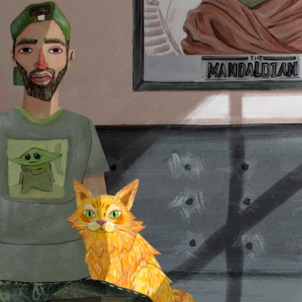 Ilustración de un joven y un gato en una sala
