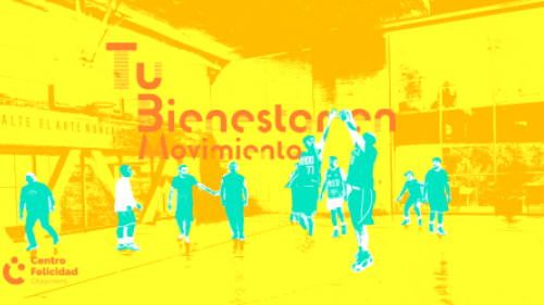 Pieza gráfica con deportistas jugando baloncesto en la arena polivalente del centro felicidad chapinero