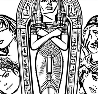 Ilustración de un sarcófago con personas famosas alrededor de él
